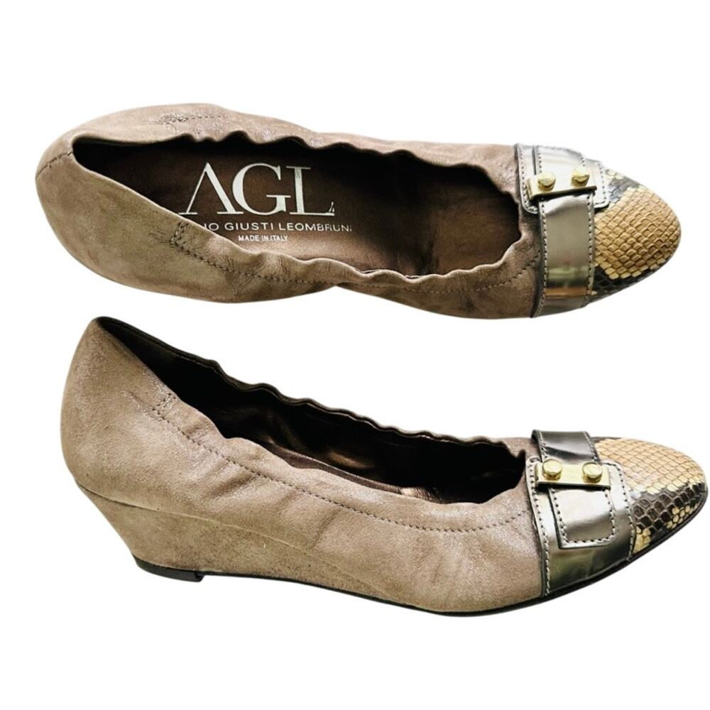AGL Cap Toe Low Wedge Brown Suede Size 39 Snake Buckle Comfort